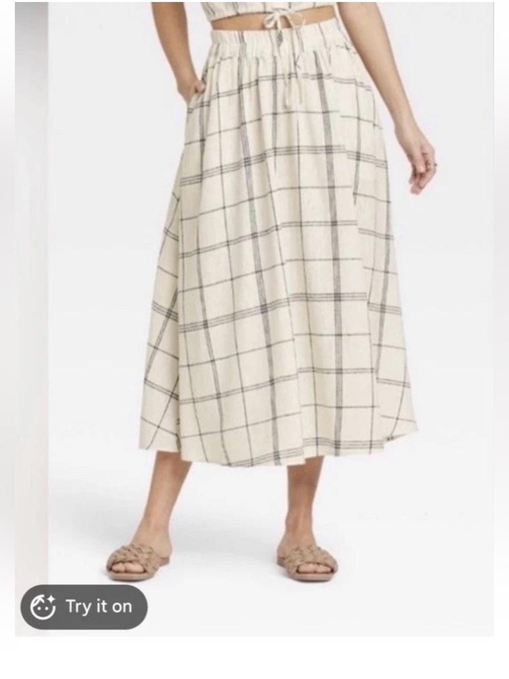 A New Day Checked Stretch Waist Midi Skirt - Cream/Black Size Small
